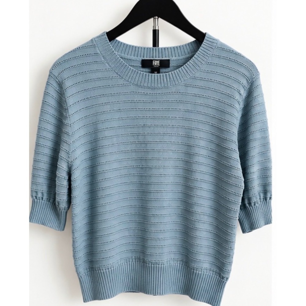 Frye Womens Blue Pointelle Knit Short Sleeve Crewneck Sweater Size M 110048101